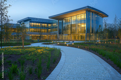 Modern glass building with landscaped walkway and evening lighting.