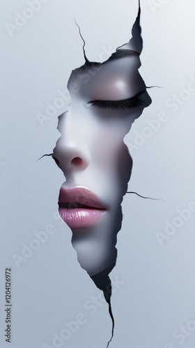 A strikingly minimal illustration of a close-up, melting woman's face against a pure white background showcasing bold pink hues, illuminated by a silhouetted gaze in high contrast