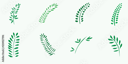 Grunge dry brush fern leaves set, vector, freehand, watercolour, isolated.