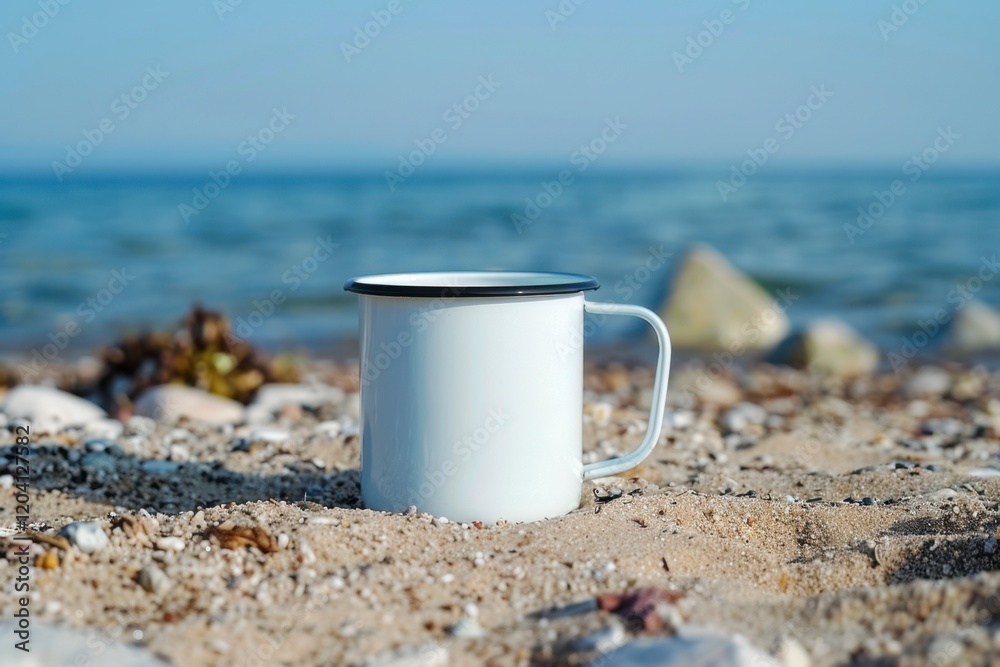 White Metal Mug on Sandy Beach with Calm Ocean Background White Metal Mug on Sandy Beach with Calm Ocean Background