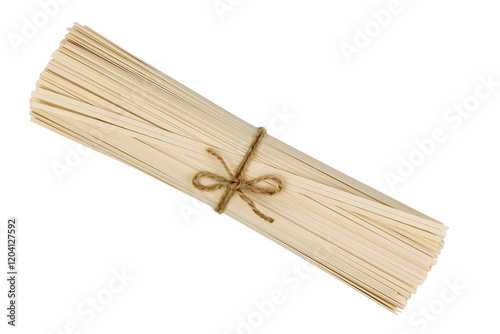 Dried pasta strands tied together with twine, isolate on white, ready for cooking in a kitchen setting with natural light highlighting the texture