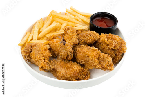 Crispy fried chicken with golden fries and dipping sauce served on a white plate for a delicious meal, isolate on white.