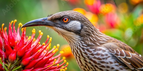 Wattlebird Feeding on Nectar, Australian Wildlife, Close-up Stock Photo photo