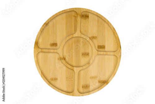 Round bamboo serving tray featuring divided sections for appetizers, snacks, or small dishes, perfect for gatherings or casual dining at home, isolate on white.
