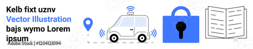 Car equipped with GPS tracking and wireless signals. Blue location pin, blue padlock with keyhole, open instruction manual. Ideal for automotive tech, security, GPS, smart devices, wireless tech
