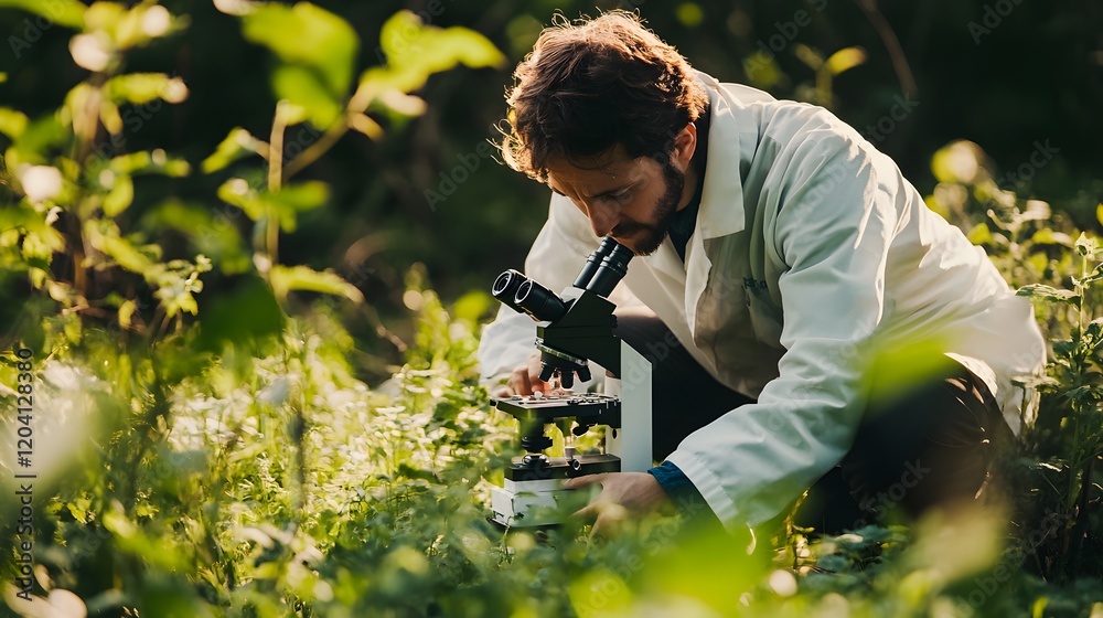 Field research scientist examining plant samples under microscope nature setting laboratory content close-up view scientific exploration Field research scientist examining plant samples under microscope nature setting laboratory content close-up view scientific exploration