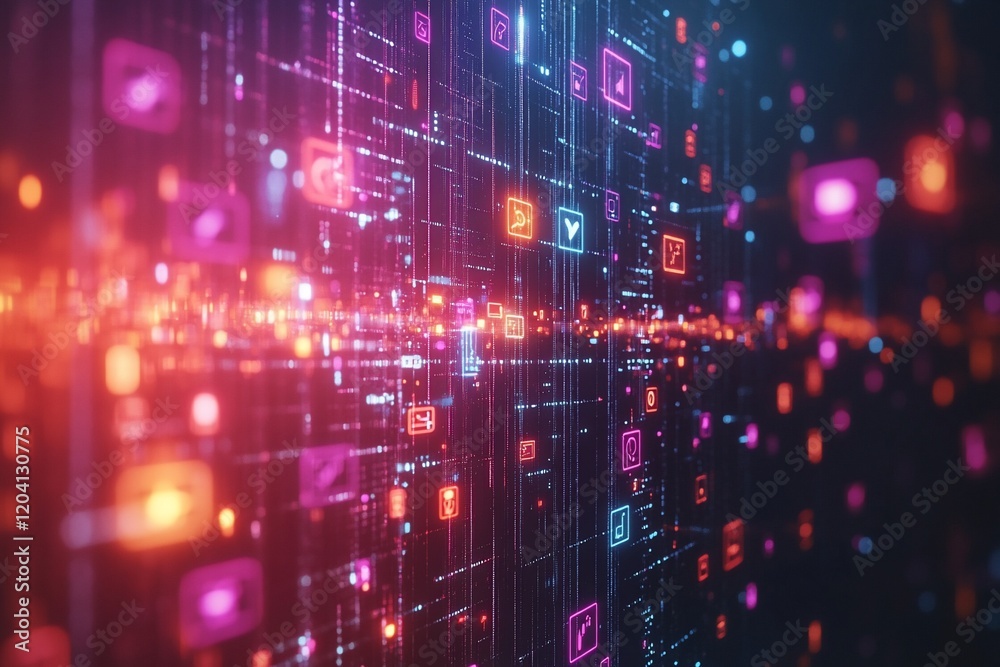 Obraz premium Data stream, digital network, glowing icons, abstract background, tech concept