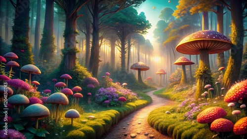 Whimsical Wonder: A Fantasy Landscape Journey - Magical Forest Path Stock Photo