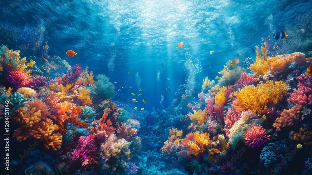 Obraz premium Vivid coral reef teeming with colorful marine life beneath the ocean surface