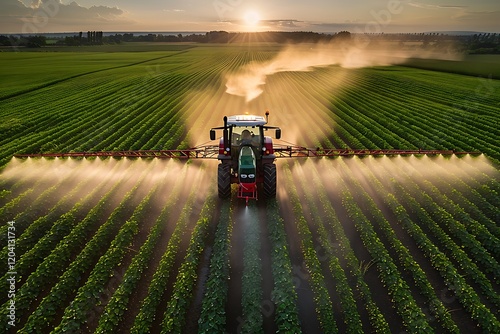 Aerial View of Tractor Spraying Pesticides on a Vast Agricultural Field