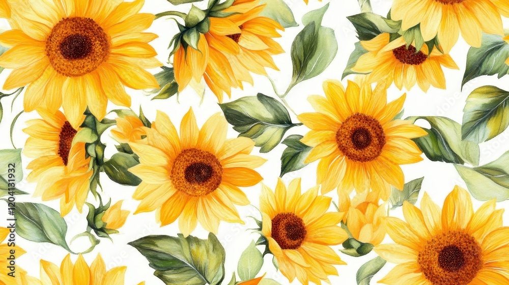 Mini sunflowers and green leaves pattern on white background, vibrant floral design, perfect for textiles and decorative projects Mini sunflowers and green leaves pattern on white background, vibrant floral design, perfect for textiles and decorative projects