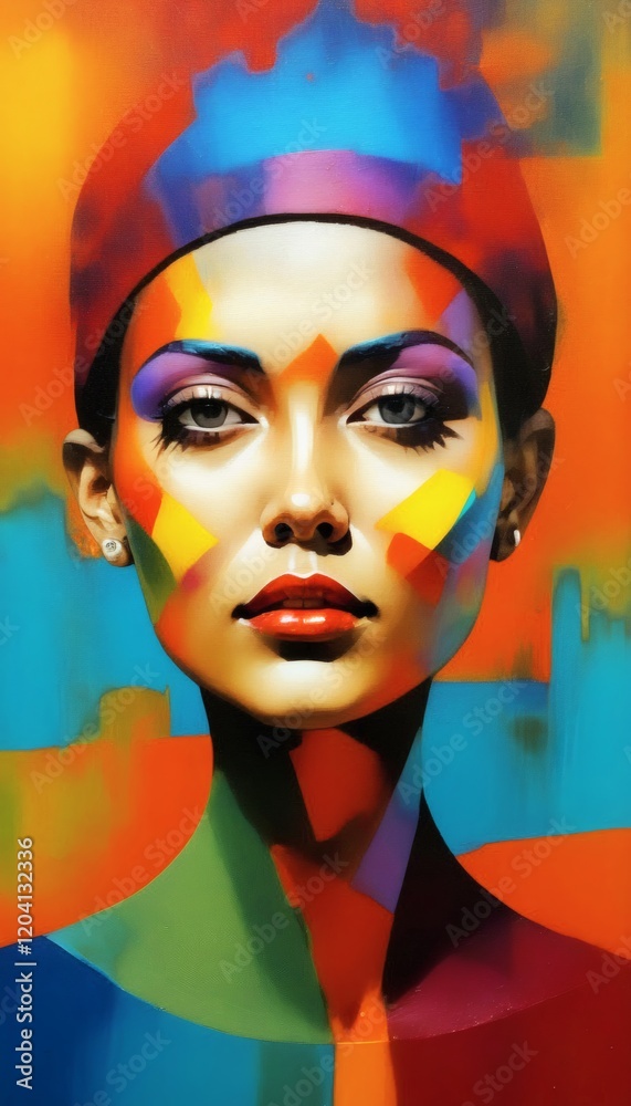 Obraz premium young woman port abstract painting geometric shapes lines style vibrant bright colors