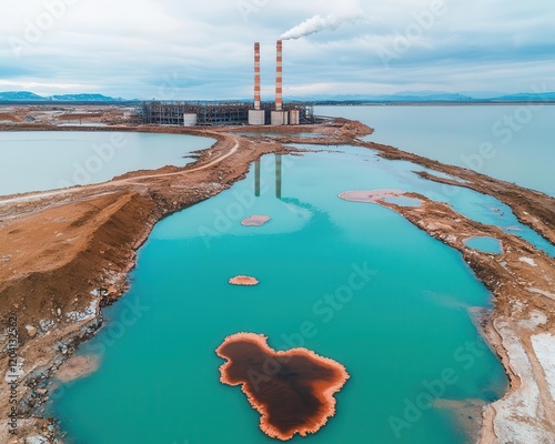 A factory polluting a oncepristine river, the water turning murky and lifeless, climate change, industrial pollution, ecosystem damage photo