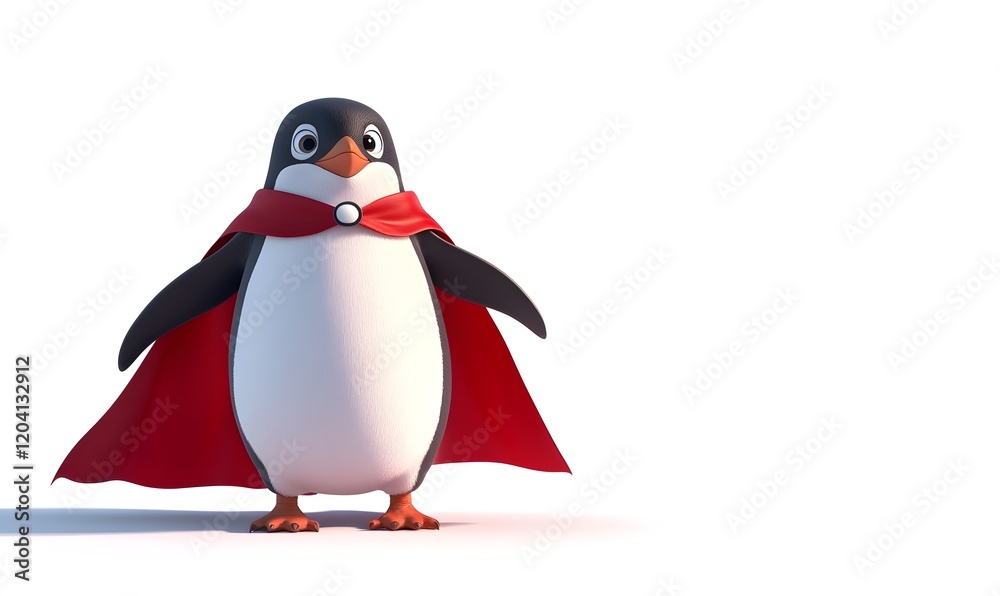 Obraz premium Cute cartoon penguin superhero in red cape.