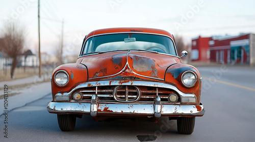 Classic rusted orange car on a deserted street showcasing vintage charm in the early evening light. Generative AI