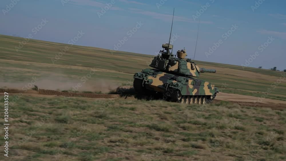 Powerful tank cruising on grassy terrain Powerful tank cruising on grassy terrain