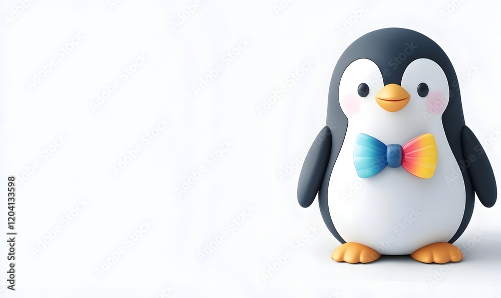 Fototapeta premium Cute cartoon penguin wearing a bow tie on white background.