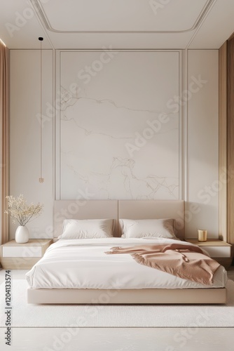 A serene minimalist bedroom featuring white walls, straight lines, and bold pastel colors for a calming interior design