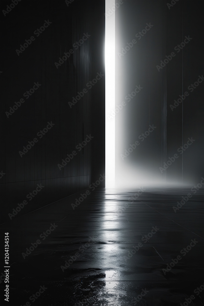 Fototapeta premium Abstract minimalist space with a dramatic vertical beam of light in black and white.