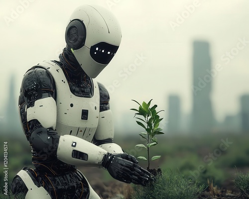 A futuristic robot planting trees in an abandoned, polluted city, climate action, AI solutions, ecotech future