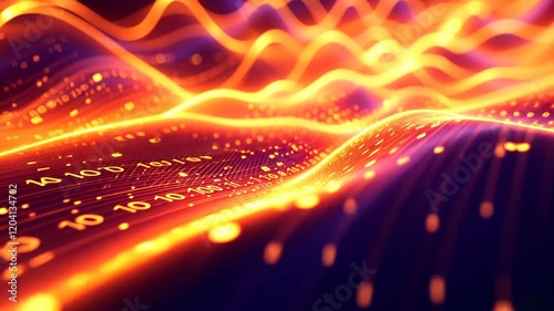Abstract Digital Wave:  A fiery visualization of data streams and binary code, showcasing vibrant energy and technological innovation.