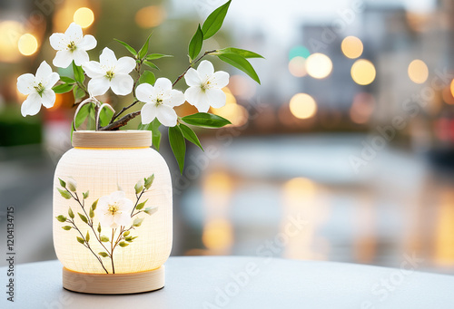 Lantern with floral design and white blossoms in an outdoor garden. Blurred bokeh background. Elegance and serenity, spring festival concept photo