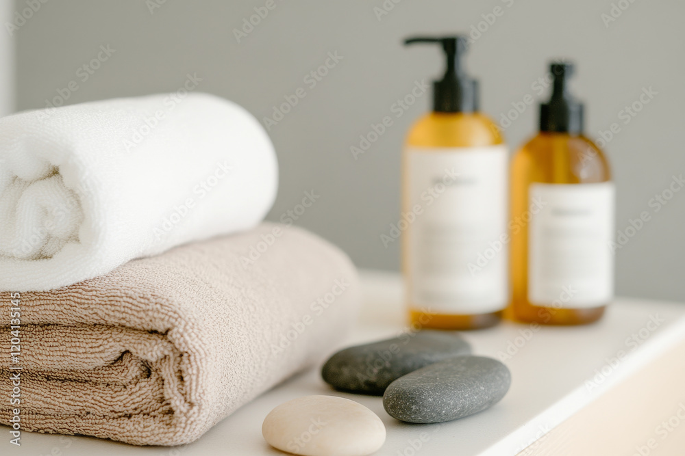 Soft towels and natural stones arranged with skincare products create serene spa atmosphere, perfect for relaxation and self care