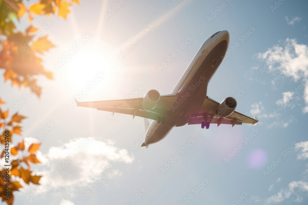 The plane takes off with a bright light effect, warm colors, light trails and cloudy skies. The plane takes off with a bright light effect, warm colors, light trails and cloudy skies.