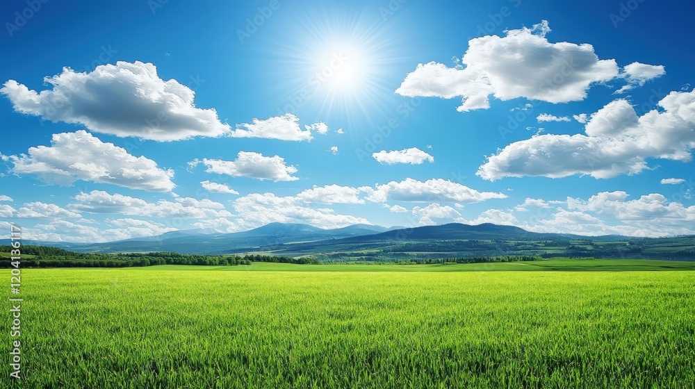 Obraz premium Sunny Summer Day in Green Field with Blue Sky and Mountains