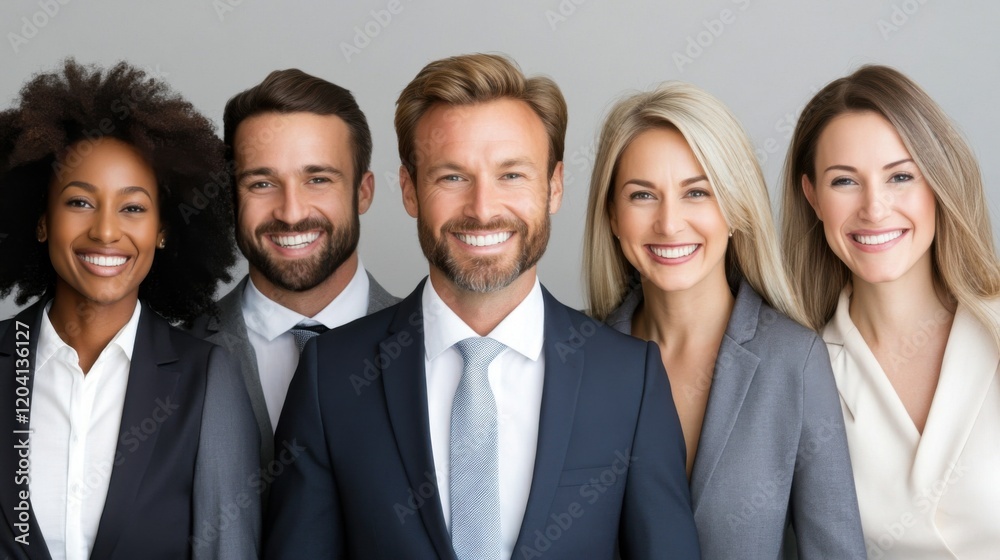 Diverse Group of Professionals Standing Together Smiling for a Corporate Team Photo on Gray Background Diverse Group of Professionals Standing Together Smiling for a Corporate Team Photo on Gray Background