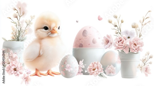 A cute baby chick with pastel Easter eggs and delicate flowers for a dreamy springtime illustration
