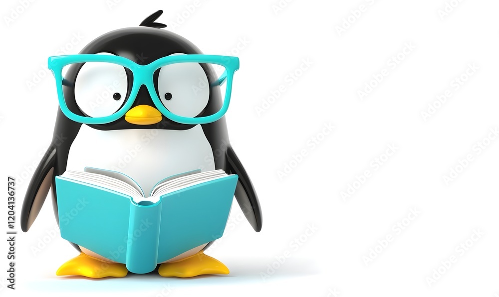 Obraz premium Cute cartoon penguin wearing glasses reading a book.
