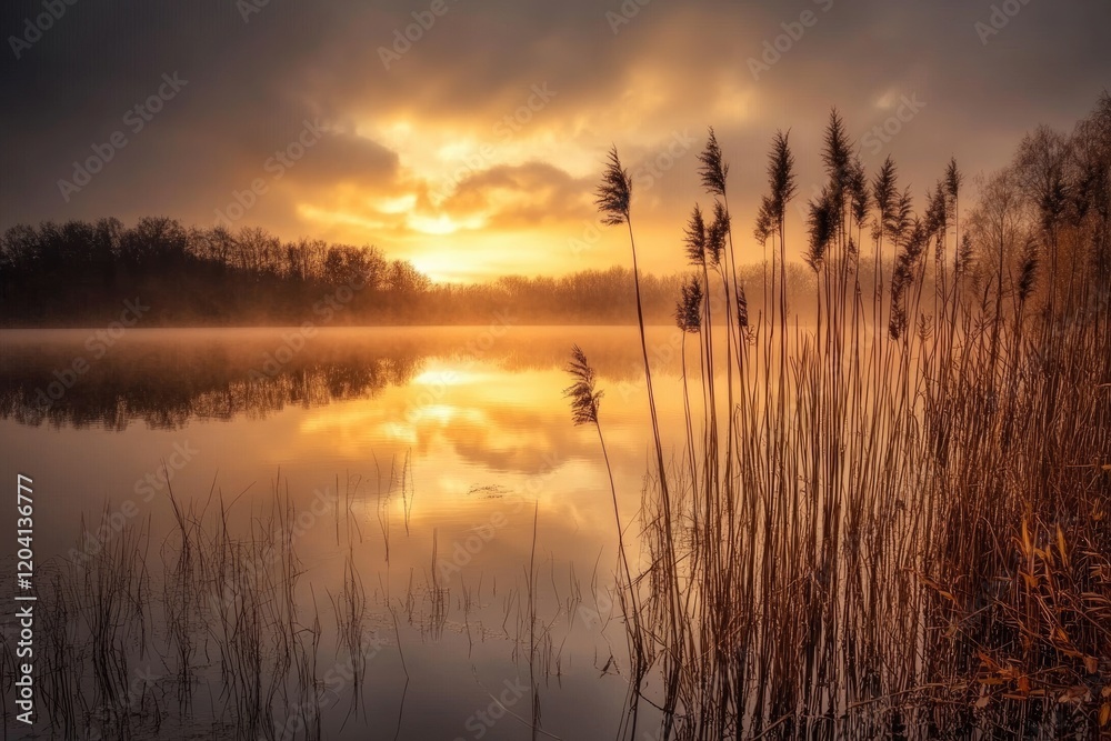 Misty sunrise over calm lake, golden light reflecting on tranquil water with tall grasses. Misty sunrise over calm lake, golden light reflecting on tranquil water with tall grasses.