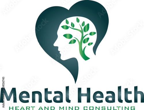 Creative Mental Health Logo. Head Human Mind with Leaf Tree Nature with Linear Outline Style. Therapy Psychology Logo Icon Symbol Vector Design
