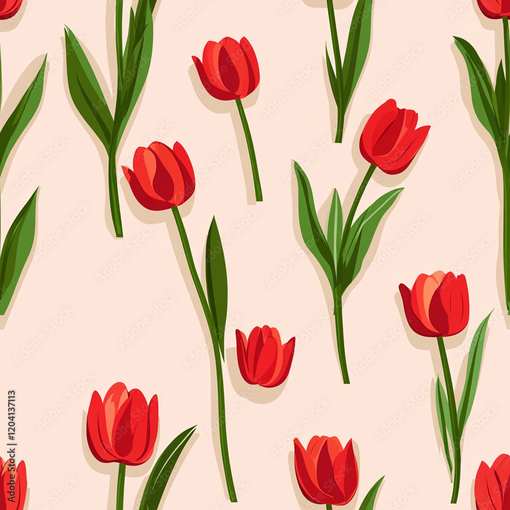 Red tulips scattered on pink with subtle stems looking vibrant and fresh Red tulips scattered on pink with subtle stems looking vibrant and fresh
