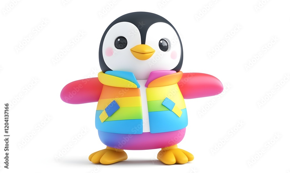 Obraz premium Cute cartoon penguin wearing rainbow jacket.