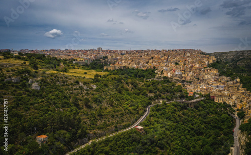 Aerial panoramic view of Ragusa, a UNESCO heritage town on Italian island of Sicily. June 2023