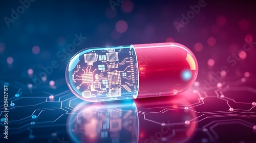 A 3d render of a smart pill capsule glowing with embedded microchips, advanced drug delivery systems