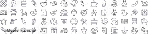 Kitchen, Food, Barbeque Line Icon Bundle. Outline Signs for Graphic and Web Design, Apps, Adverts, Various Cards