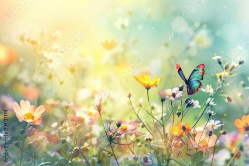 Beautiful butterfly on wild colorful flowers in grass in rays of sunlight, macro. Neural network ai generated
