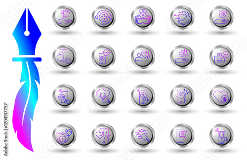 Health digitalization gradient line icon set. Button background and white isolated background, ideal for health apps, medical websites etc.
