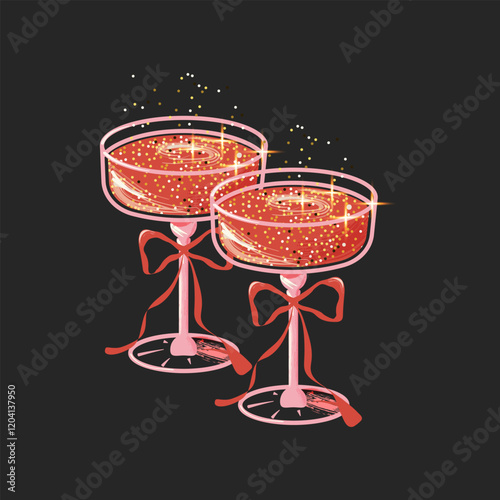 Red cocktails in festive glasses with bows. Drinks for weddings, holiday parties, Christmas, birthday, menus. Vector illustration. Isolated.
