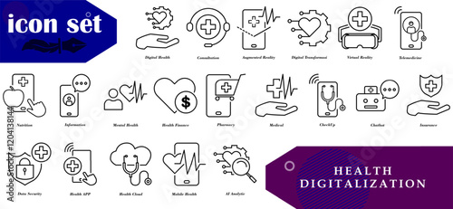 Healthcare digitalization icon set. With modern and minimalist style. Ideal for healthcare apps, medical websites, educational presentations or health technology promotional materials.