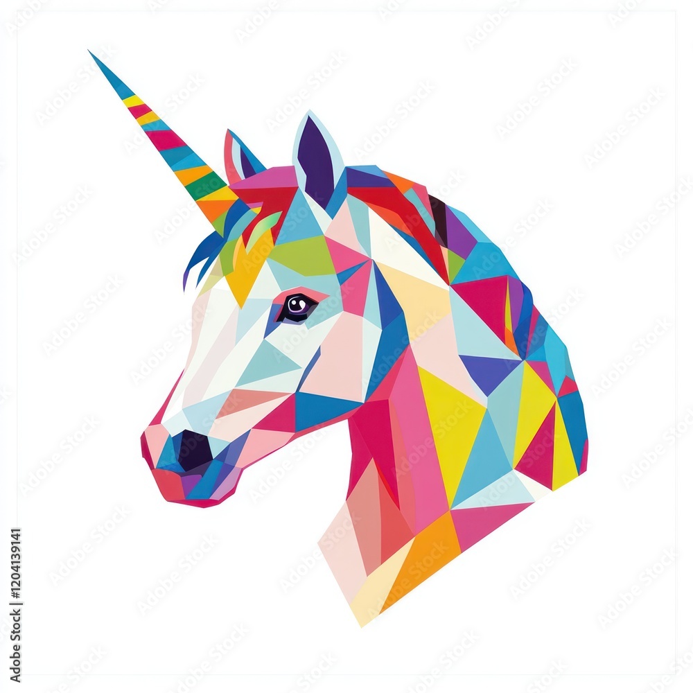 Obraz premium Colorful polygonal unicorn head, fantasy illustration, isolated on white background, possible use for children's merchandise