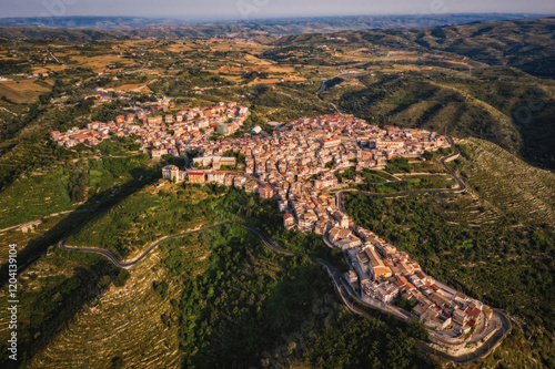 Italy, Sicily, Ragusa District, Monterosso Almo. June 2023. Amazing aerial panoramic piture from drone.
