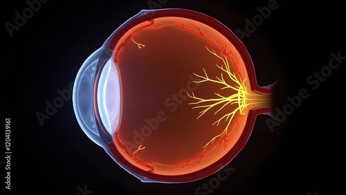 A glowing cross-sectional view of the human eye,  the optic nerve and blood vessels. Black background