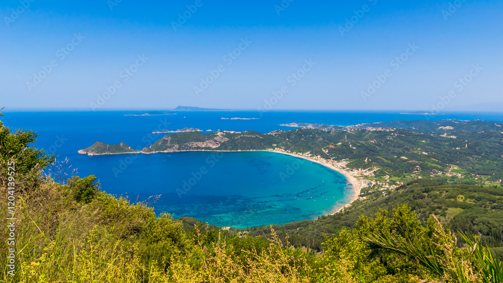 Obraz premium Panoramic view of Agios Georgios Pagon bay with Afionas village and Porto Timoni beach on cape, Corfu island, Greece