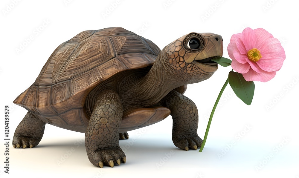 Obraz premium Cute cartoon tortoise eating pink flower.