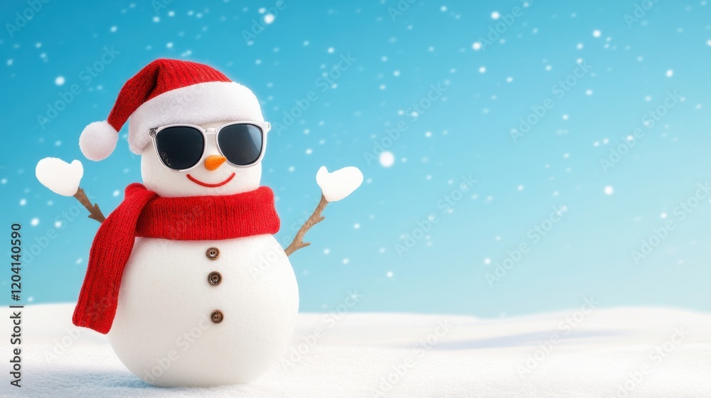 Cheerful Snowman in Sunglasses and Santa Hat with Red Scarf, Snowy Background and Blue Sky