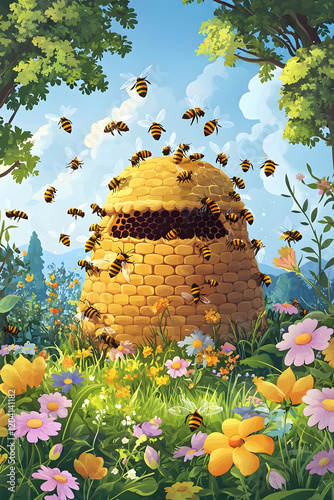 Beehive with bees actively buzzing around, floral garden background
